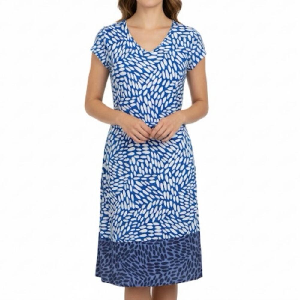 Boden Amelie Jersey Cap Sleeve Belted Dress Soft Stretch Blues White Size 10